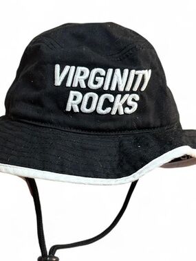 Virginity Rocks Black & white bucket hat with adjustable strap